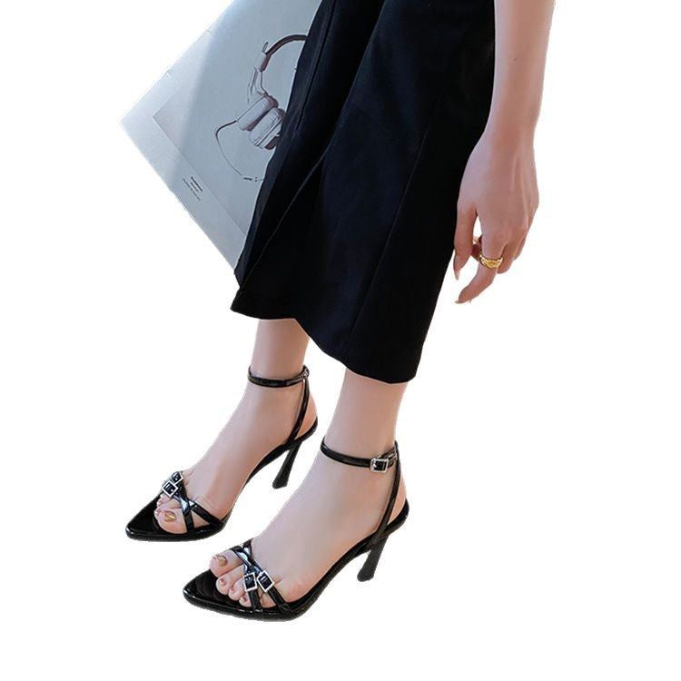 European and american  new arrival: women's square-toe, metal-embellished, single-strap, open-toe sandals with high heels - roman style