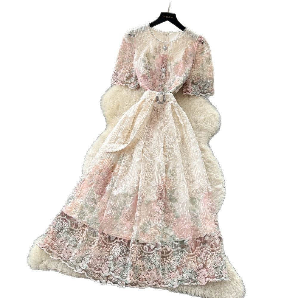 French romantic style heavy lace print dress - women's summer short sleeve high-end slimming waist vacation dress