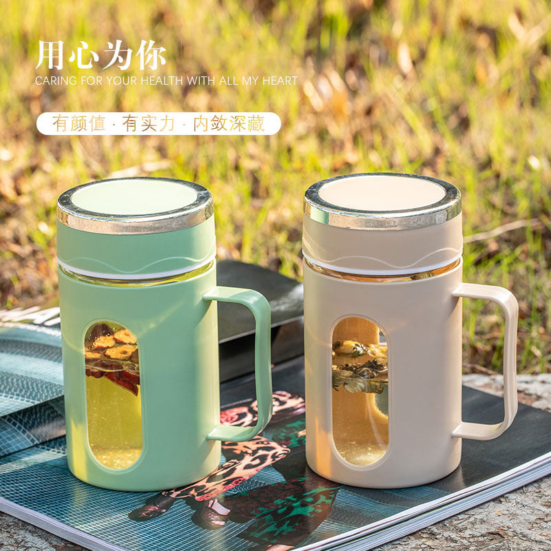 Business handle cup glass office for homecasual drinking water tea cup large capacity drainage floor push gift cup