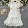 French romantic puff sleeve lace dress - women's summer tie-waist, breathable, figure-flattering a-line maxi dress - elegant style