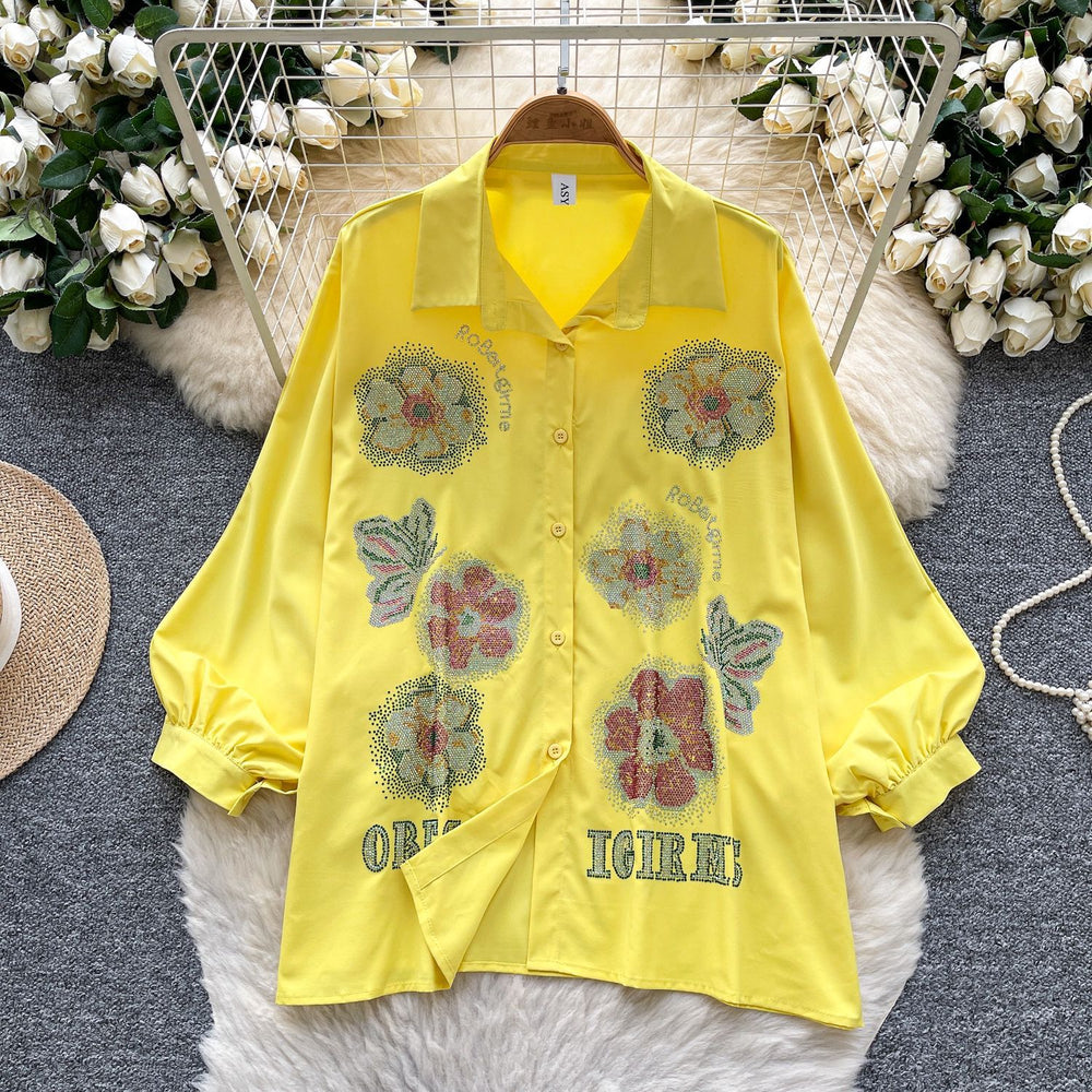 European and american lantern sleeve polo shirt for women - autumn loose fit, rhinestone embellished, designer style, mature and chic top