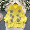 European and american lantern sleeve polo shirt for women - autumn loose fit, rhinestone embellished, designer style, mature and chic top