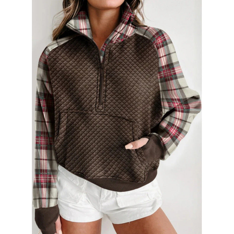 Shipped: women's plaid sleeve quilted half-zip sweatshirt - stand collar patch pocket, perfect for autumn and winter