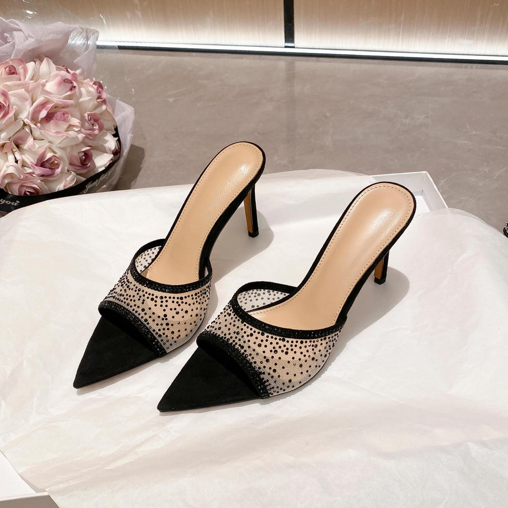 Yx open-toe pointed-toe mesh rhinestone sexy thong sandals women's 2026 summer outdoor elegant stiletto high heel sandals