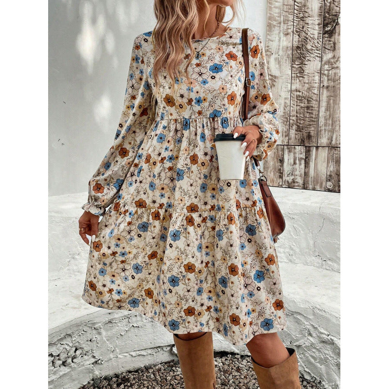 Amazon cross-border fashion:  new european and american style french elegant printed lantern sleeve dress for women