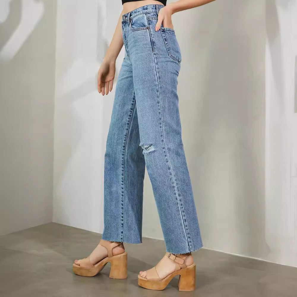Fashion ripped jeans women's new independent station ripped raw edge wide leg pants high waist washed jeans