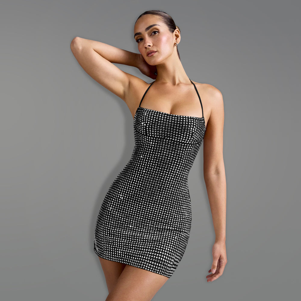 C7481 cross-border   fashion women's sexy halter neck rhinestone arm cover mini dress