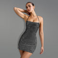 C7481 cross-border   fashion women's sexy halter neck rhinestone arm cover mini dress