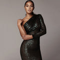 2025 summer new arrivals: european and american style one-shoulder dress - asymmetrical neck wrap chest evening gown - fashionable sequin sexy mini dress