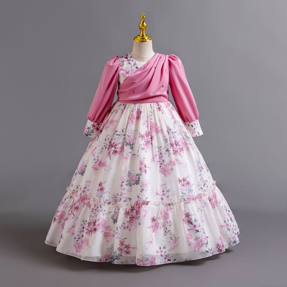 New in stock girls floral evening dress chiffon long sleeves princess dress model catwalk dressgirl dress