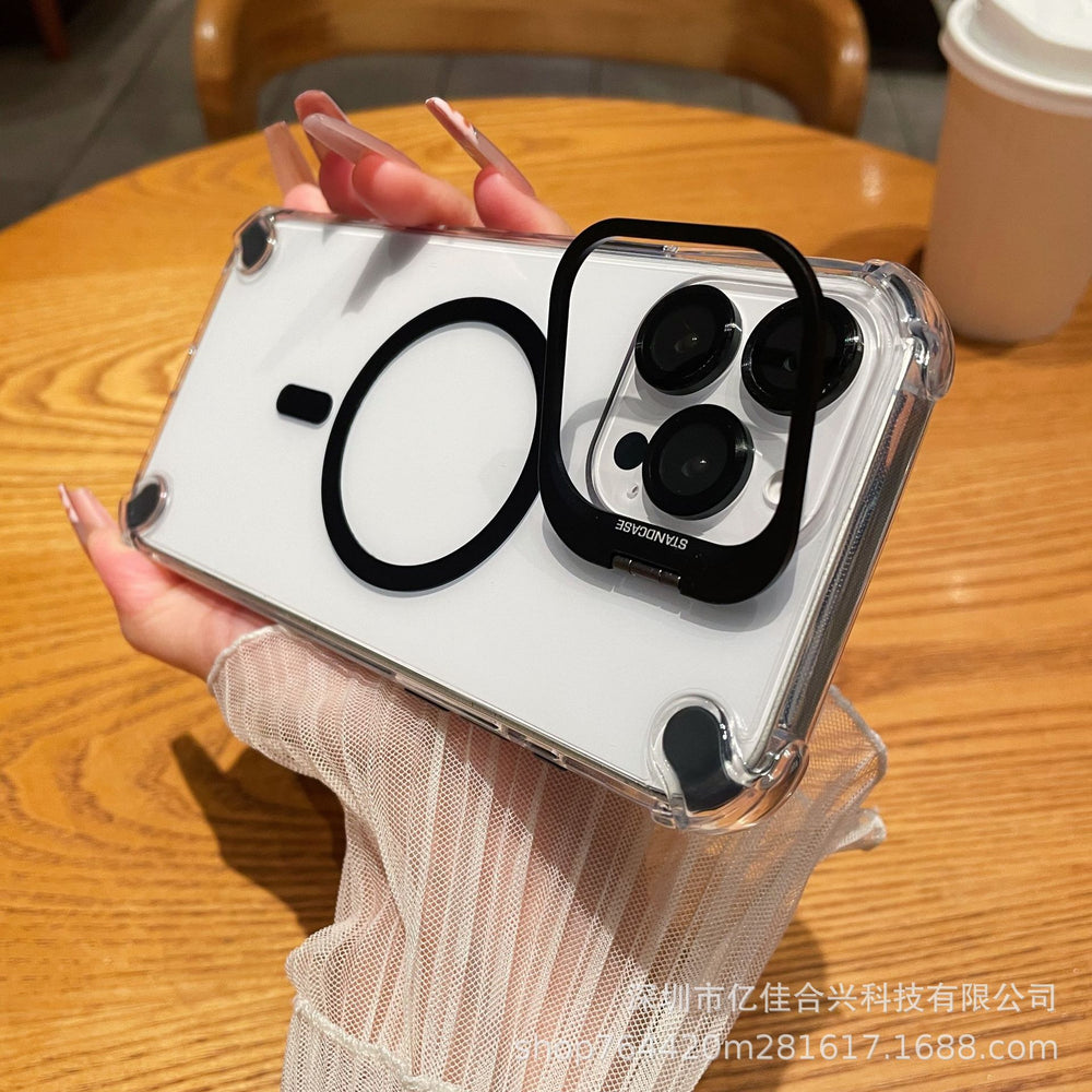 Suitable for apple 17pro metal lens holder magnetic phone case iphone14 four-corner airbag transparent hard case
