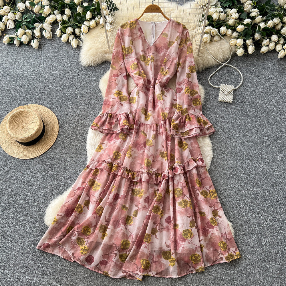 French riviera-inspired printed v-neck dress - women's long sleeve tie-waist maxi dress - slim fit, work-ready