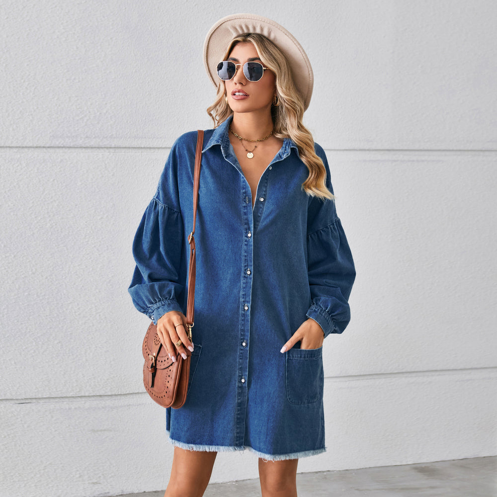 Wishfashion cross-border foreign trade independent station  new loose denim long-sleeved raw edge dress mid-length skirt