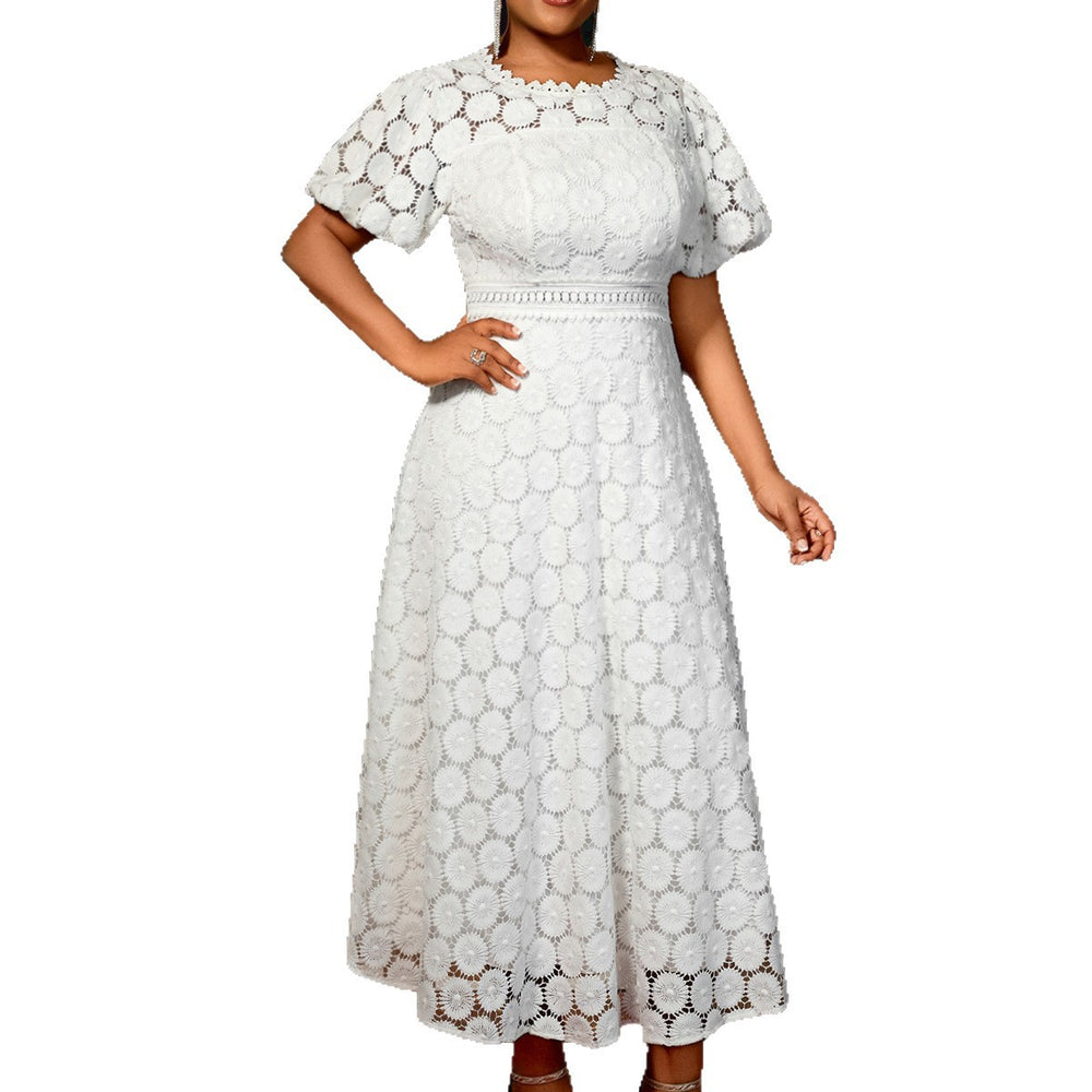 african plus size round neck lace puff sleeve dress high waist silma swing banquet evening dress dress