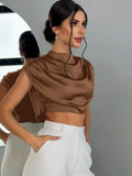European and american style spring/summer pleated satin blouse - bestselling cross-border e-commerce item - satin-like silk cropped shirt