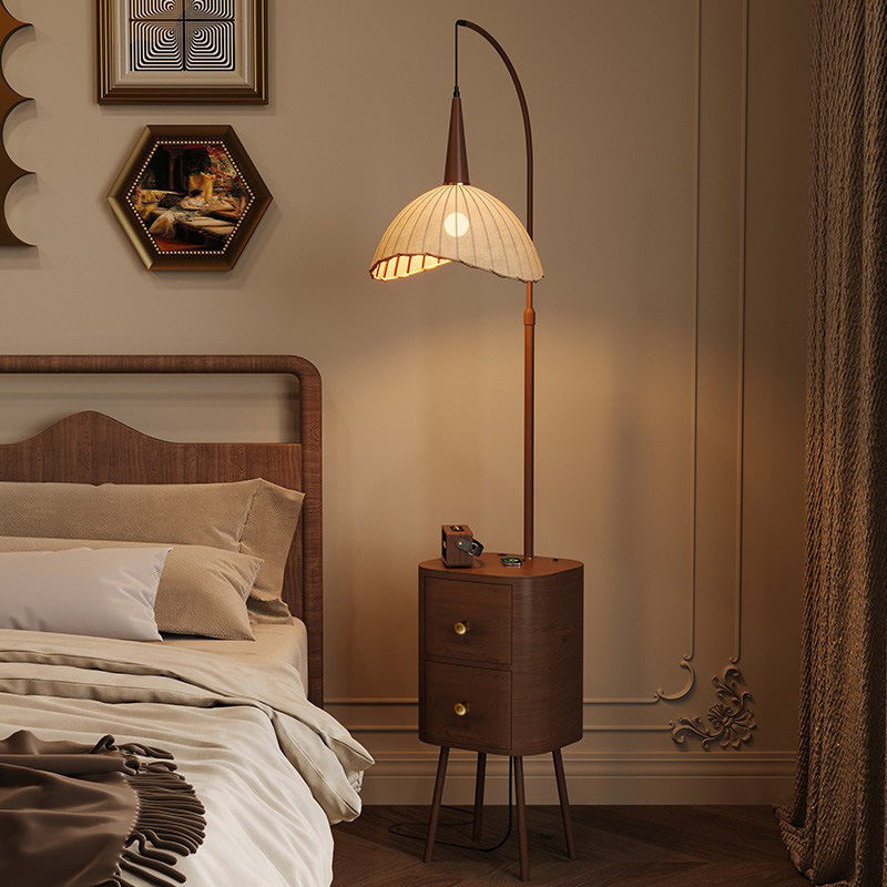 Vintage floor lamp - high-end bedroom solid wood drawer storage rack - mid-century style wireless charging bedside table lamp