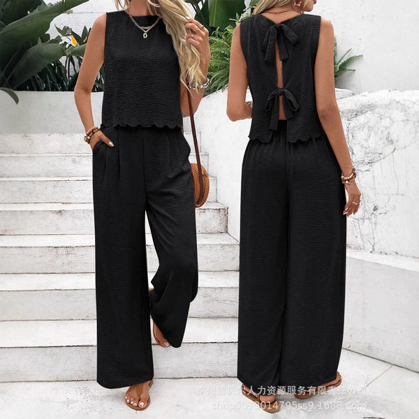 ODS5511A Women's Clothing Back Strap Shell Edge Sleeveless Top + Pants Two-piece Set