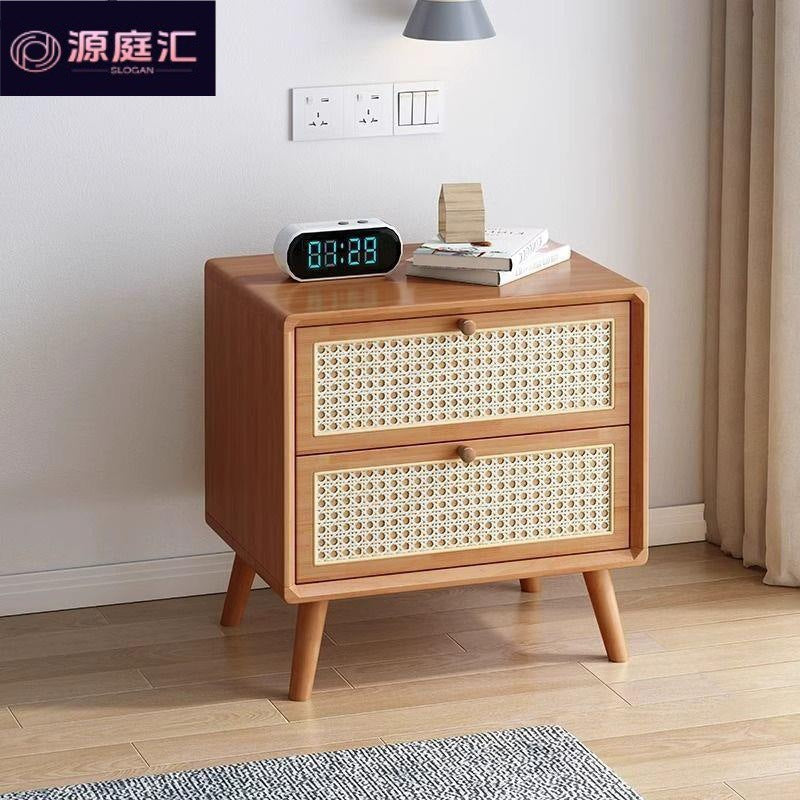 Rattan bedside table wooden cherry color walnut color log color scandinaviancasual style mini solid wood storage cabinet
