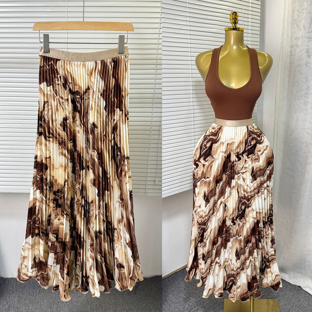 Exportsweeteasiest for matchpleated skirt large swing printing skirt women's frenchhigh waista-line medium long pleated skirt