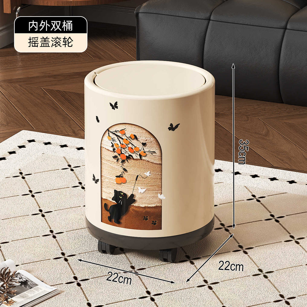 Retroins style little black cat printing trash can with pulleys for home high-looking living room kitchen large garbage basket
