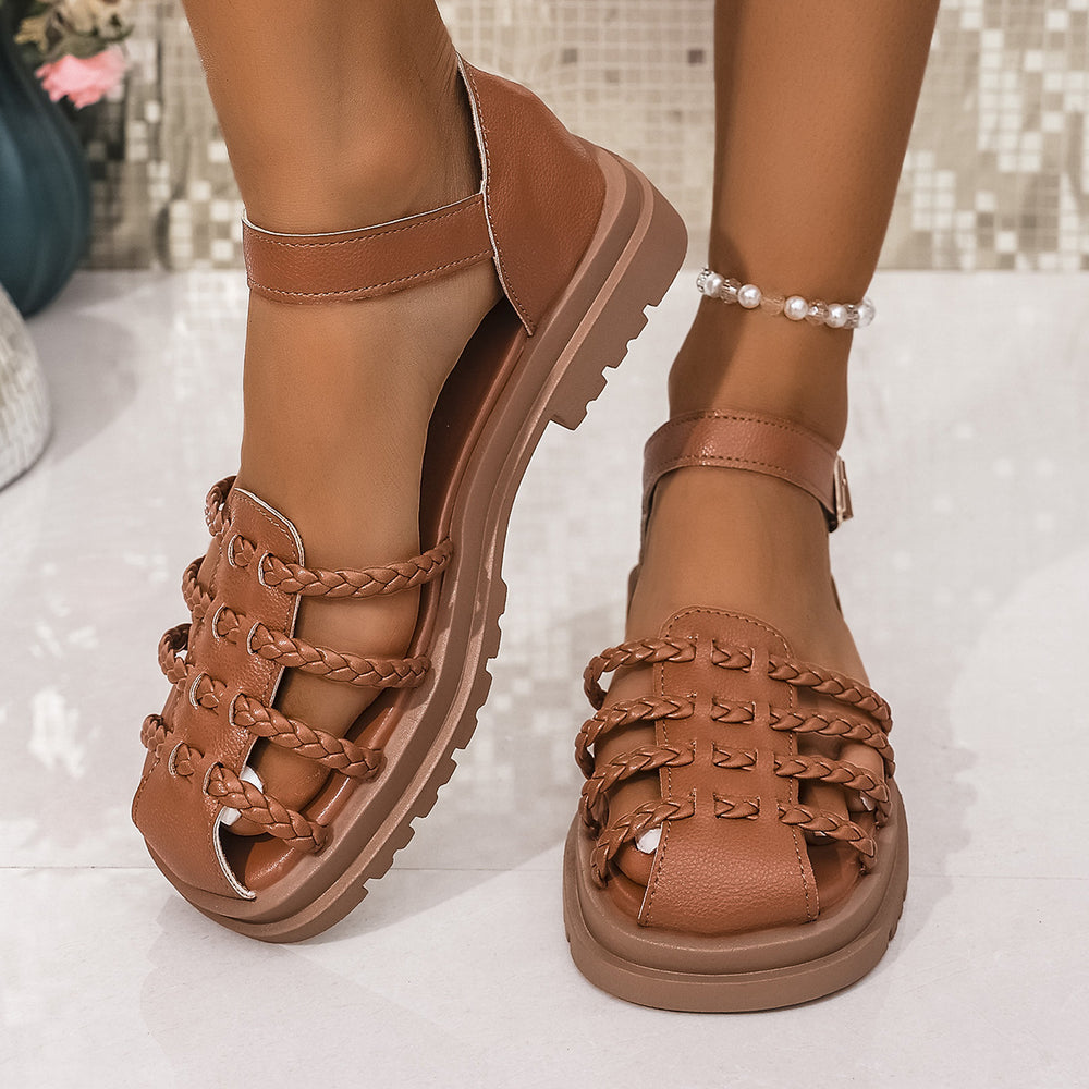 retro woven open-toe sandals women's shoes  new summer beach vacation soft sole brown roman sandals