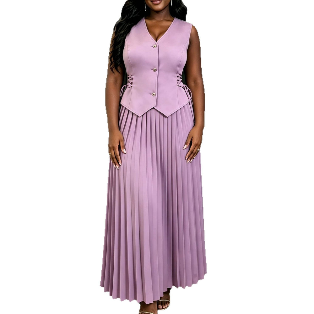 New solid color versatile set: high-waisted pleated slim-fit waist-cinching sleeveless drawstring top and a-line midi skirt two-piece outfit