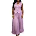 New solid color versatile set: high-waisted pleated slim-fit waist-cinching sleeveless drawstring top and a-line midi skirt two-piece outfit