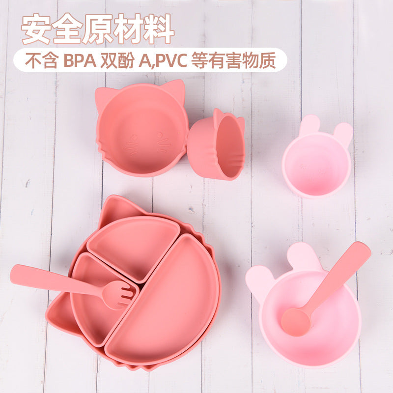 Children's silicone grid plate set cat rabbit bear cute wind portable tableware baby complementary food training bowl set