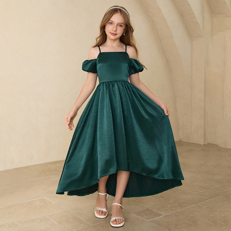 Girls' french-style formal dress, off-the-shoulder, elegant, high-end satin dress, new  one-shoulder slim-fit, cross-border export