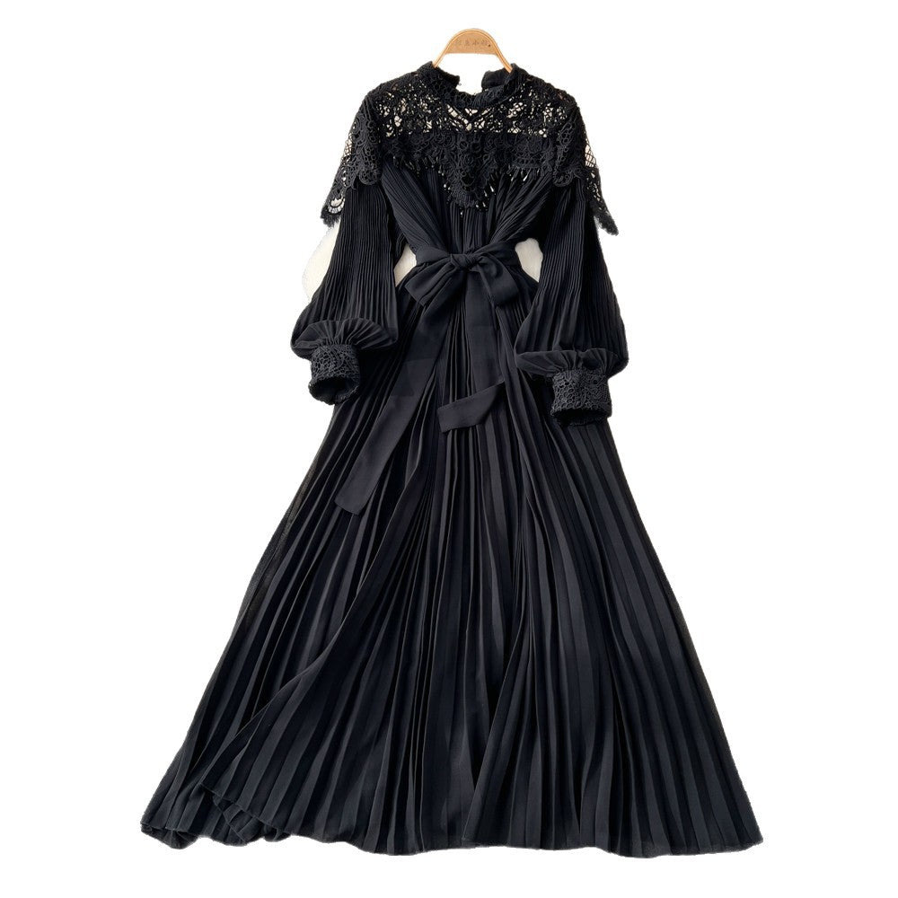 Elegant red lace pleated dress - women's unique tie-waist a-line maxi dress for work and everyday style