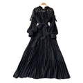 Elegant red lace pleated dress - women's unique tie-waist a-line maxi dress for work and everyday style