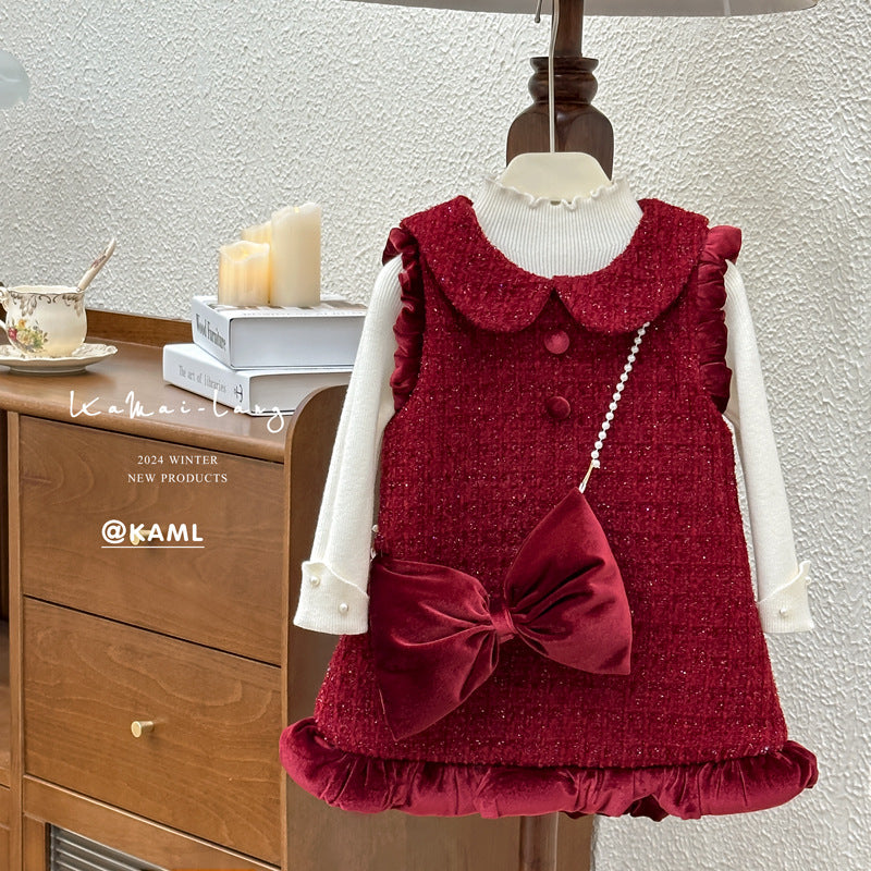 【in stock】girls' dress -  winter new arrival: sweet peter pan collar red fleece-lined vest dress, princess style