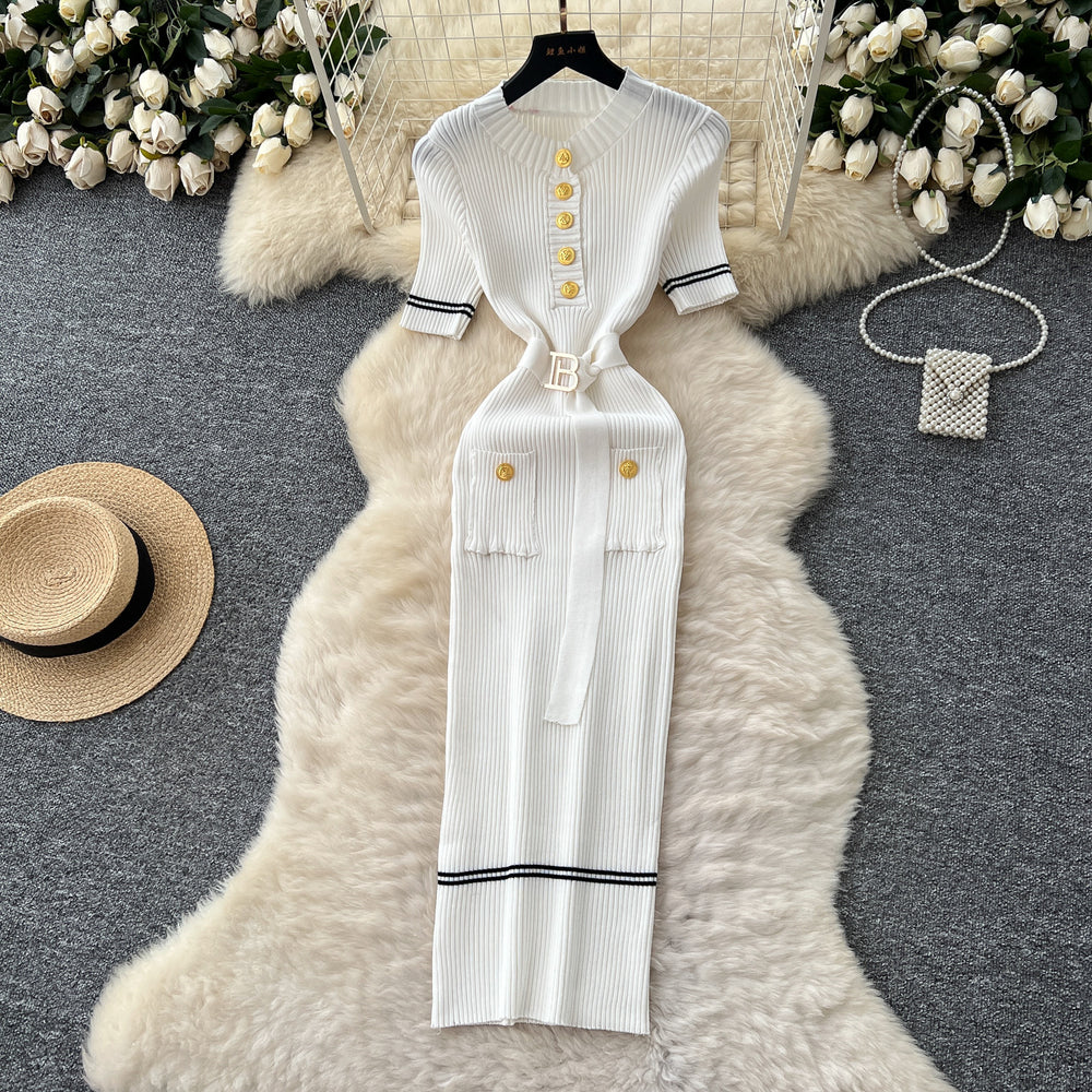 Xiaoxiangfengclassy fashionable metal buckle silm short-sleeved dress women's summer strap waist frenchknitting skirt