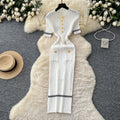 Xiaoxiangfengclassy fashionable metal buckle silm short-sleeved dress women's summer strap waist frenchknitting skirt
