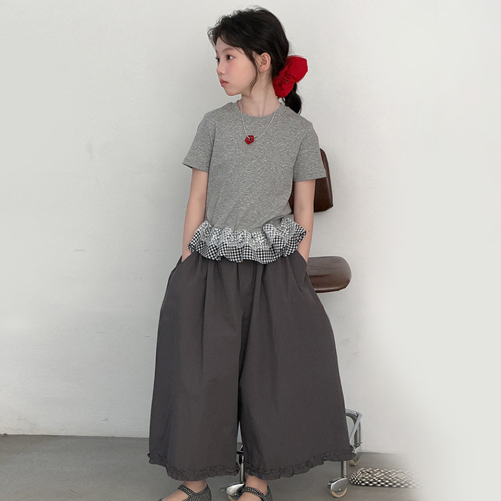 Korean style girls' plaid lace short-sleeve t-shirt set,  new arrival, super cute wide-leg pants two-piece outfit for mid-to-large children