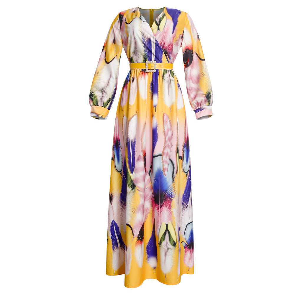 Kayaat clothing new arrival waist slimming look tall and slim oversized graffiti chiffon v neckdress african women's clothing plus size