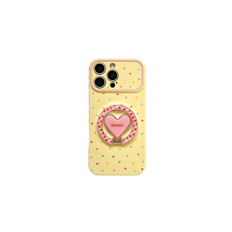 Trendy, custard-yellow iphone 17 case with a full-color heart design and stand. available in contrasting color iphone 18 soft case styles