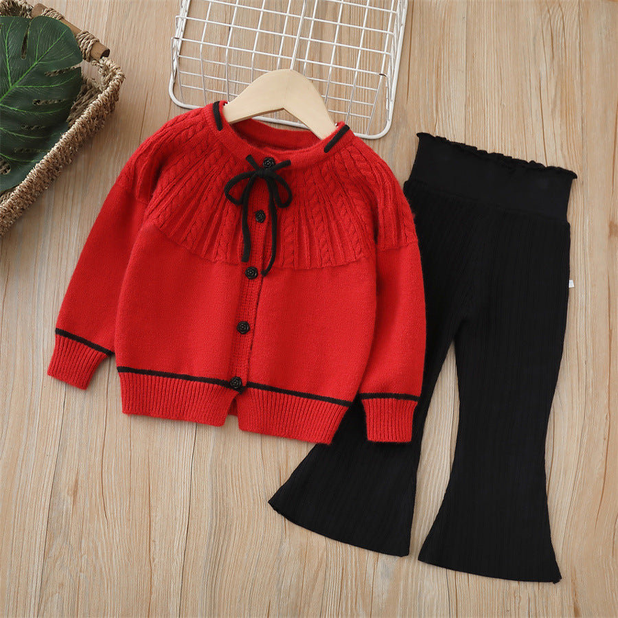 Dropshipping girls' knitted sweater two-piece set -  autumn/winter new collection - baby girl pants set