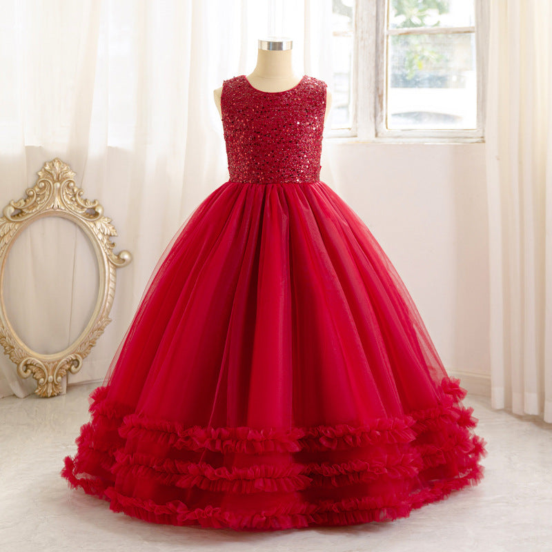 fashion style girl dress red classylong flower girl wedding dress evening dress mesh tutu skirt personalized model