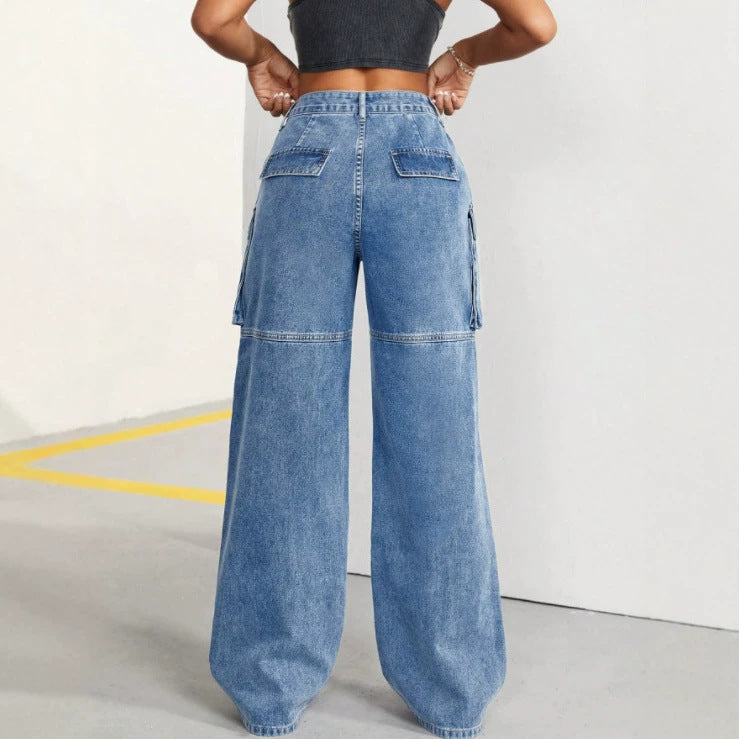 Amazon tiktok pinduoduo export cross-border fashion high waist double layer workwear wide leg jeans