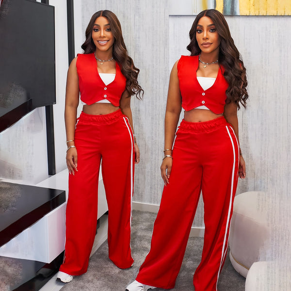 M3075 European and American  women's clothing   two-piece set sleeveless short top casual trousers set