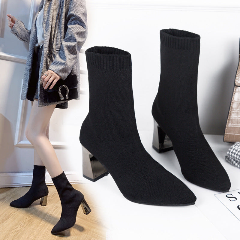 Women's black ankle boots - warm, comfortable, and stylish pointed-toe heels - casual chunky heel single shoes