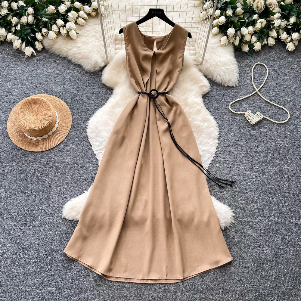 Qianjin wind sleeveless casualcasualdress women's summer high waist a-line skirt waist slimming lookwork clothingelegantclassy sense