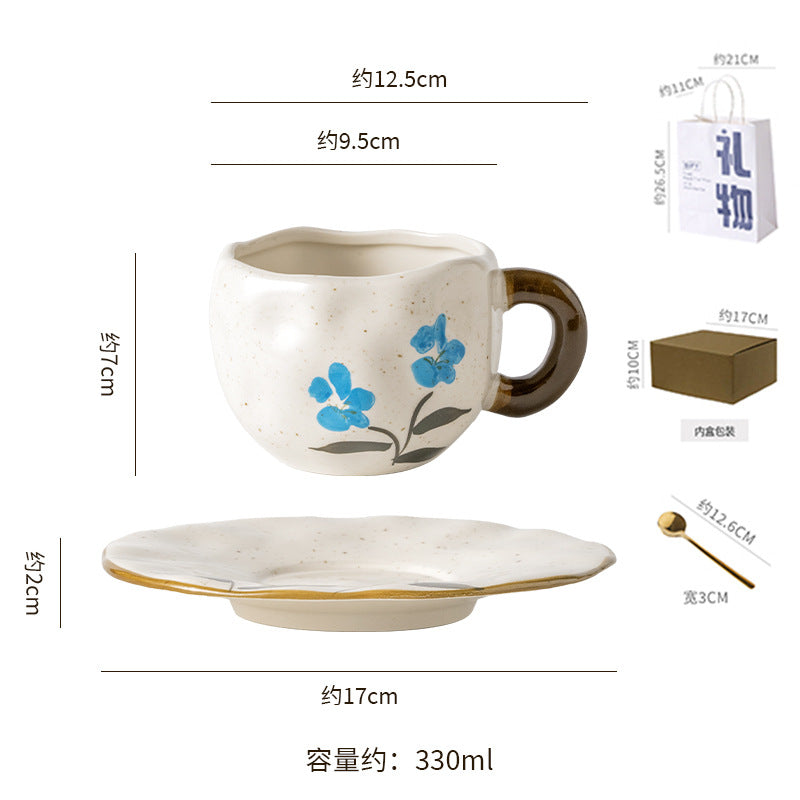 Ins small clear hand-painted ceramic asymmetrical cup and saucer stylishniche style girls ceramic afternoon tea milk coffee cup