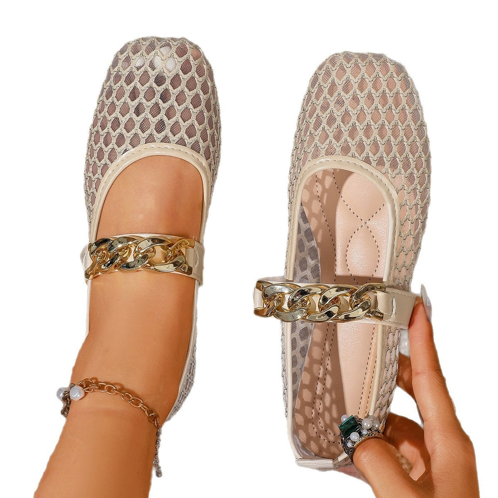 Exportplus size spring and summer new arrival soft bottom breathable mesh flats women's flatscut out metal chain casual mesh shoes