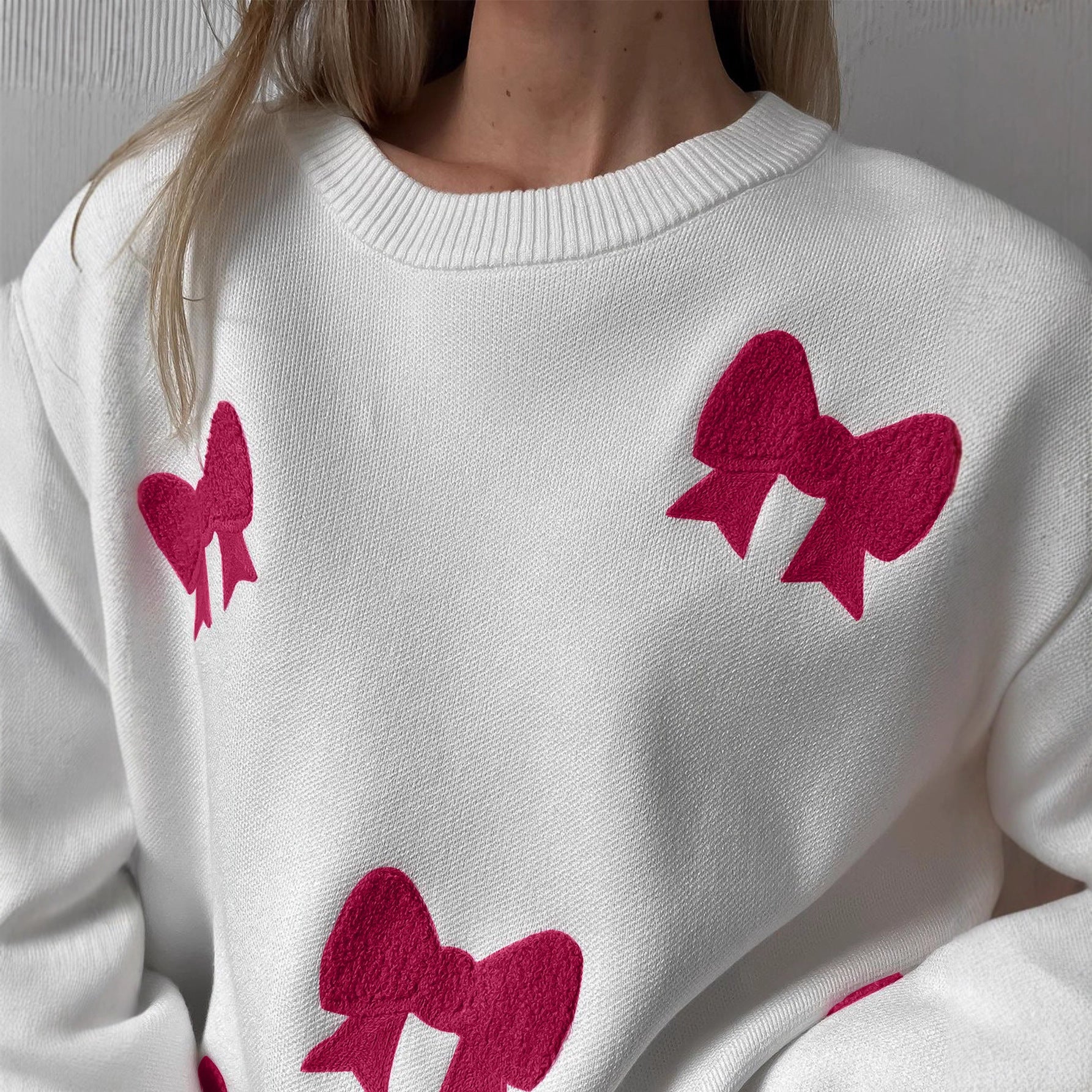 European and American  sweet wind pink bow crew neck pullover loose casual knitted sweater autumn and winter women's clothing