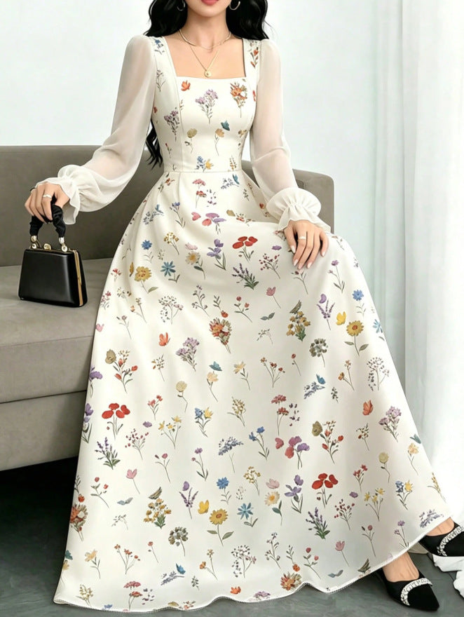 european and american new arrival: white base, multi-colored floral print, square neck, chiffon bubble long sleeve, cinched waist, maxi swing dress