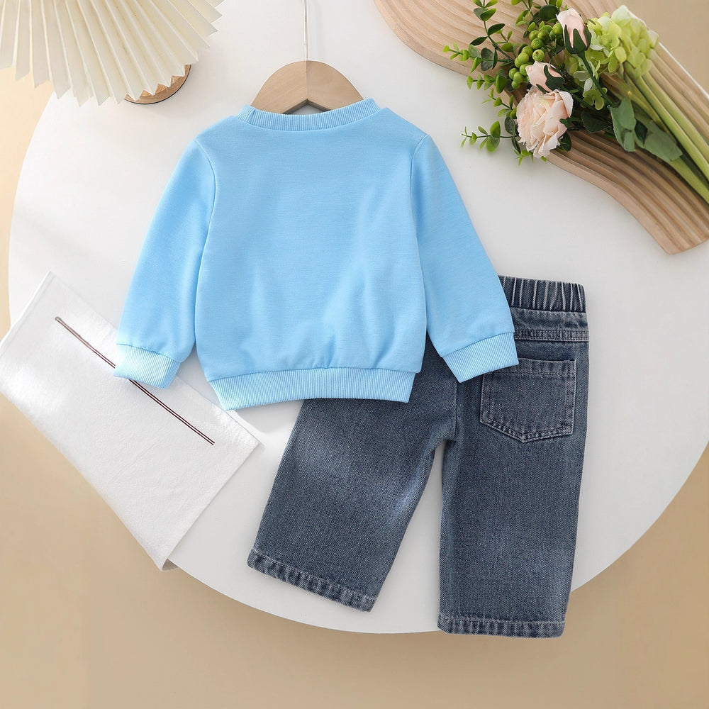 new girls' autumn/winter solid color long-sleeve sweatshirt and denim pants two-piece set with bow detail