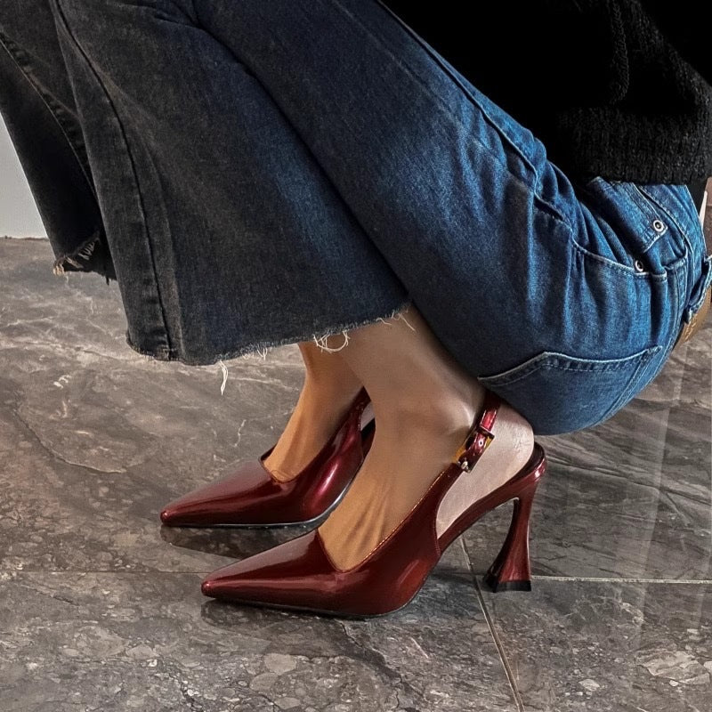 Burgundy sexy closed-toe sandals for women, 2025 new arrival, back strap patent leather versatile stiletto pointed-toe high heels