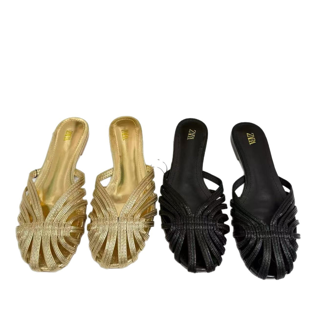 Za's 2026 new women's shoes: french retro closed-toe low heel fashion soft leather niche design cat heel sandals